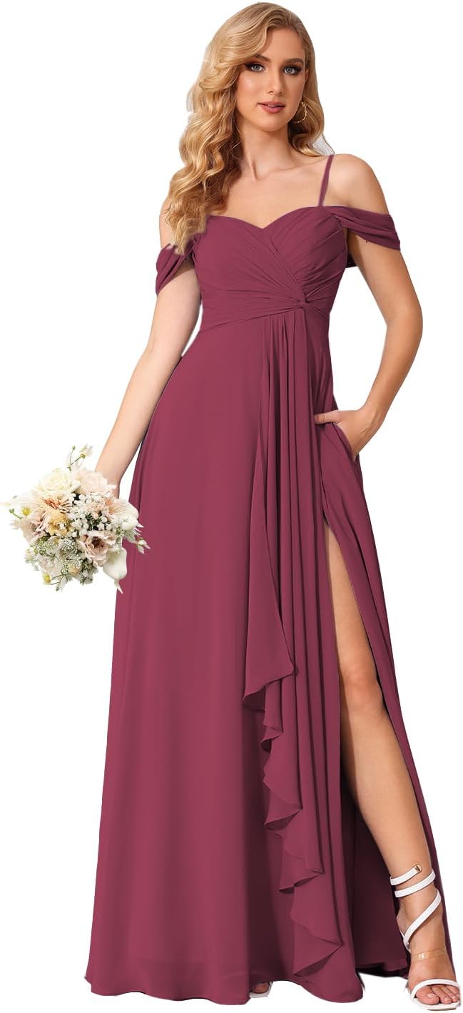 Damen Schulterfreies Brautjungfernkleid Lang mit Schlitz Chiffon Rüschen Falten Formales Partykleid 