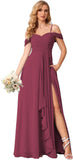 Damen Schulterfreies Brautjungfernkleid Lang mit Schlitz Chiffon Rüschen Falten Formales Partykleid 