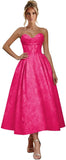 Jacquard Satin Prom Dresses for Women Strapless Tea Length Sweetheart Neck A-line Formal Party Dress with Pockets