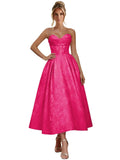 Jacquard Satin Prom Dresses for Women Strapless Tea Length Sweetheart Neck A-line Formal Party Dress with Pockets