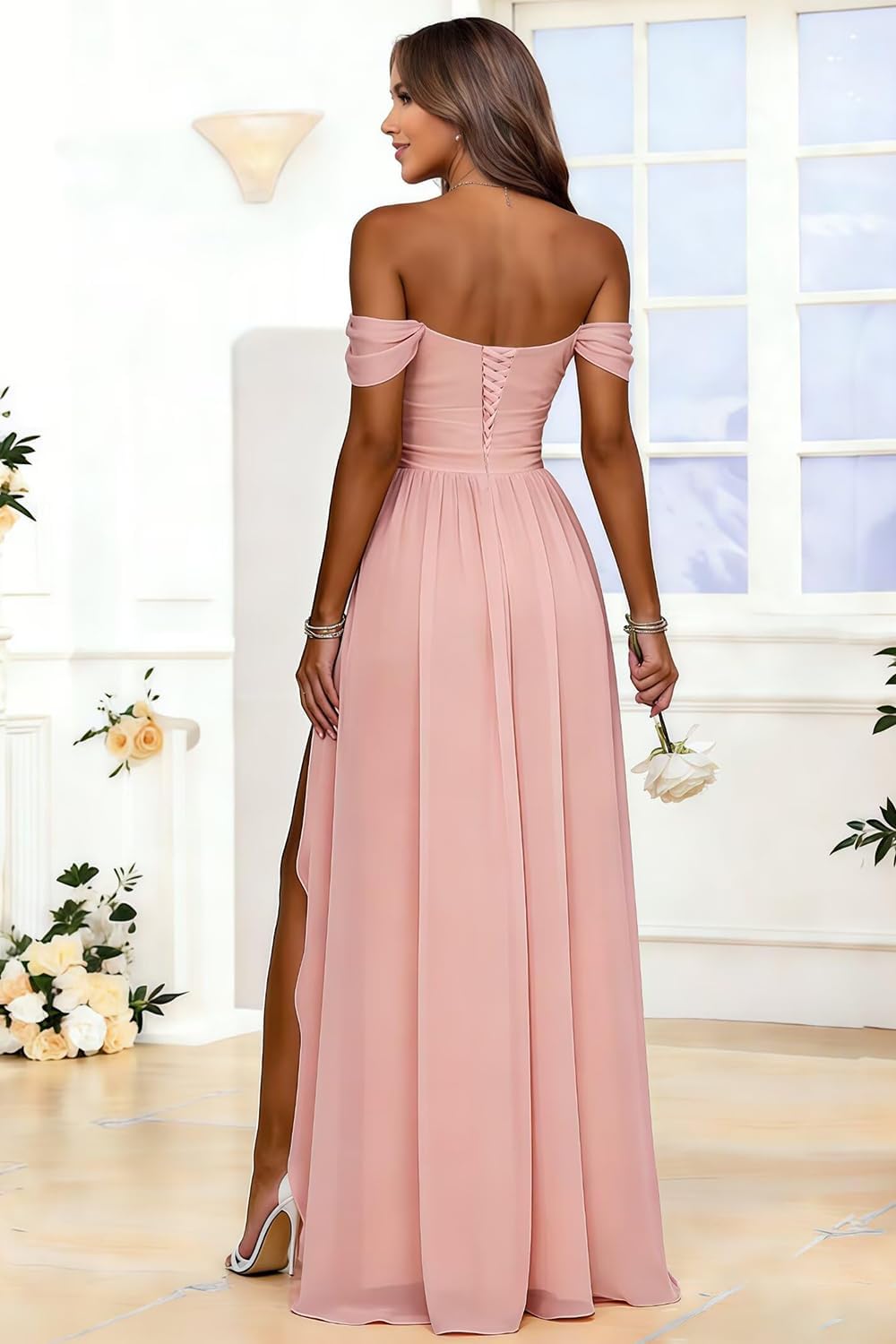 Women's Long Chiffon Bridesmaid Dresses with Slit Off Shoulder A-Line Formal Prom Evening Gown Maxi Wedding Guest Dress
