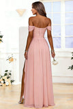 Women's Long Chiffon Bridesmaid Dresses with Slit Off Shoulder A-Line Formal Prom Evening Gown Maxi Wedding Guest Dress