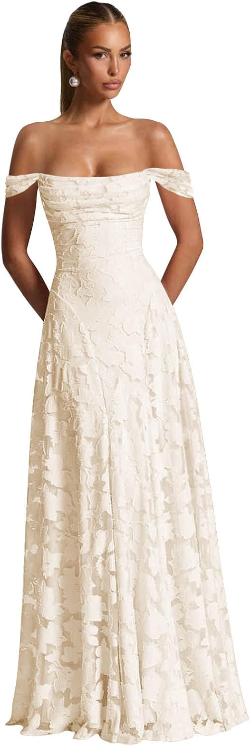 Off The Shoulder Bridesmaid Dresses Long for Women Formal Evening Gown Lace Wedding Guest Dress