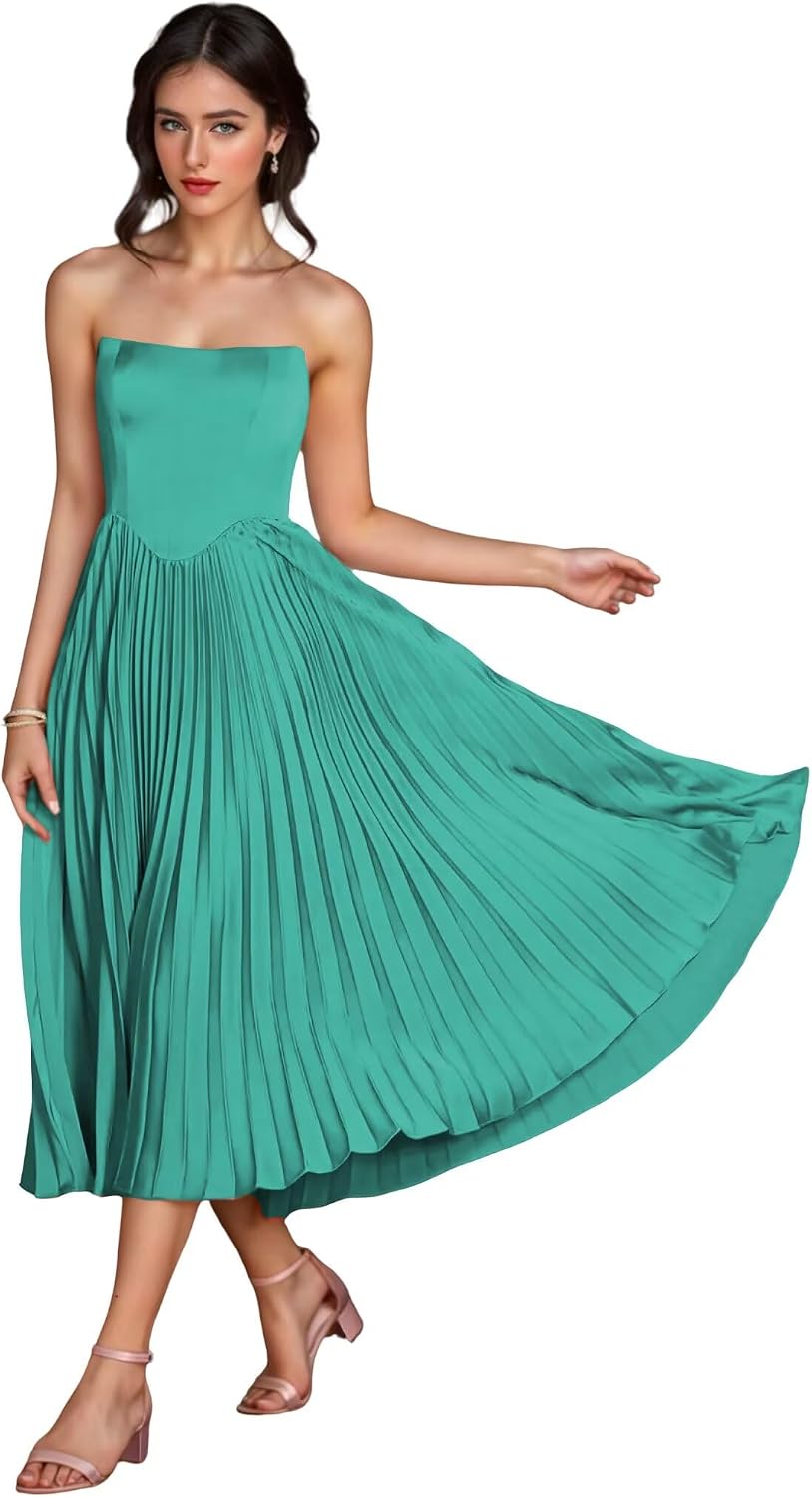 Women's Strapless Bridesmaid Dresses for Womens Tea Length Ruffle Satin Formal Prom Dress
