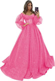 Puffy Sleeve Glitter Prom Dresses Women's Ball Gown Off Shoulder Formal Evening Gown Princess Quinceanera Dress