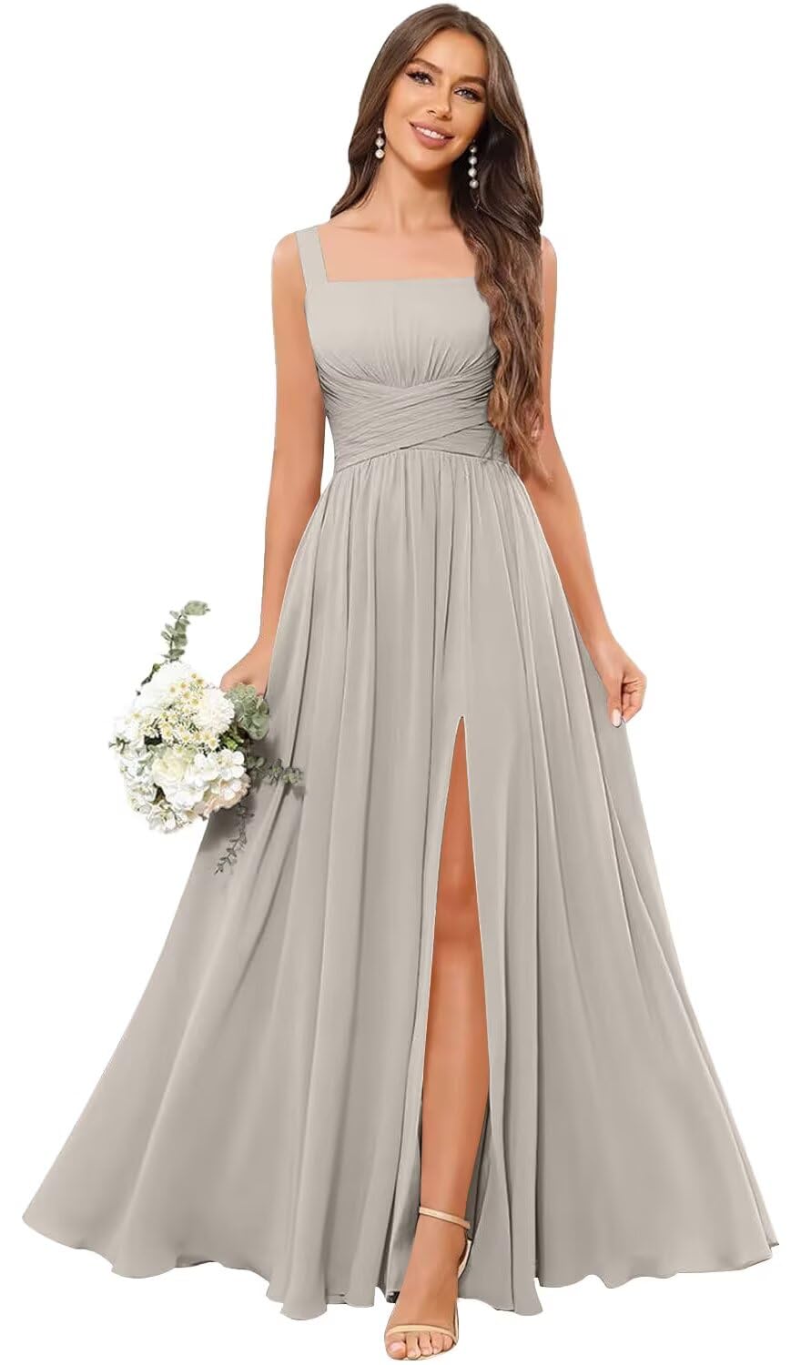 Kingbridal Chiffon A-line Bridesmaid Dresses for Women 2027 Long Square Neck Pleated Formal Evening Party Dress with Slit