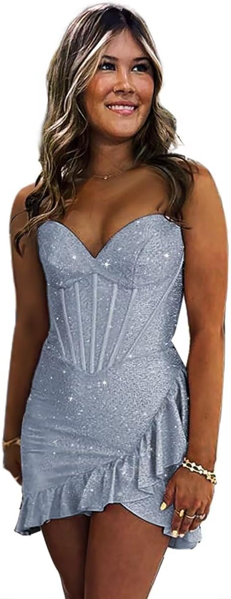Sequin Homecoming Dresses 2027 Strapless Corset Ruffle Mermaid Short Prom Cocktail Dress