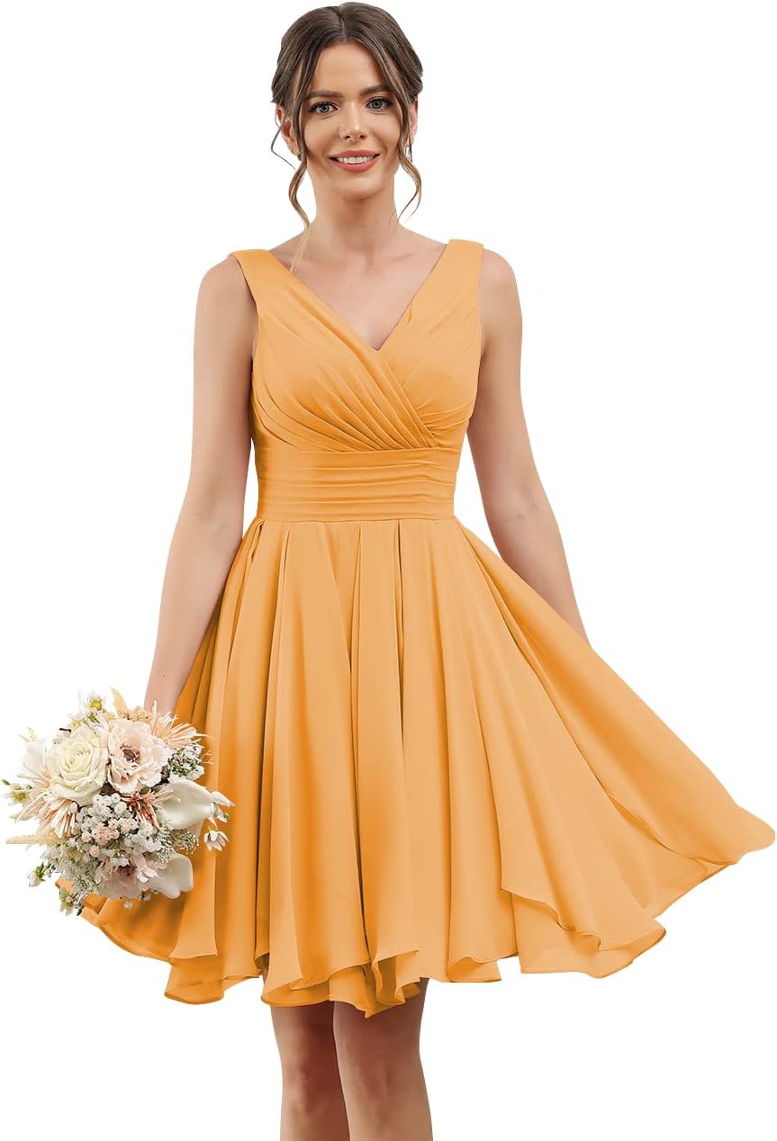 Double V Neck Short Bridesmaid Dresses for Women 2025 Chiffon A Line Formal Evening Gowns with Pockets