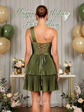 One Shoulder Satin Homecoming Dresses for Teens 2026 Short A-line Prom Dress Pleated Tiered Cocktail Party Gowns