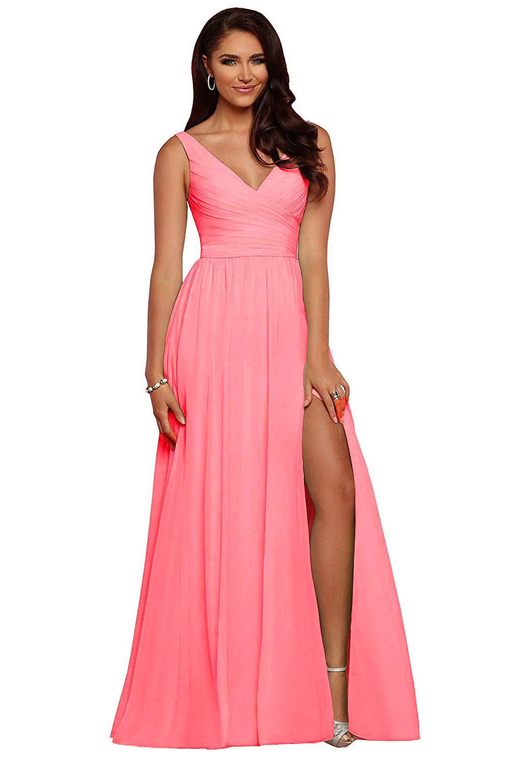 V Neck Chiffon Bridesmaid Dresses for Wedding 2027 Long Pleated Sleeveless Formal Prom Evening Gowns with Slit