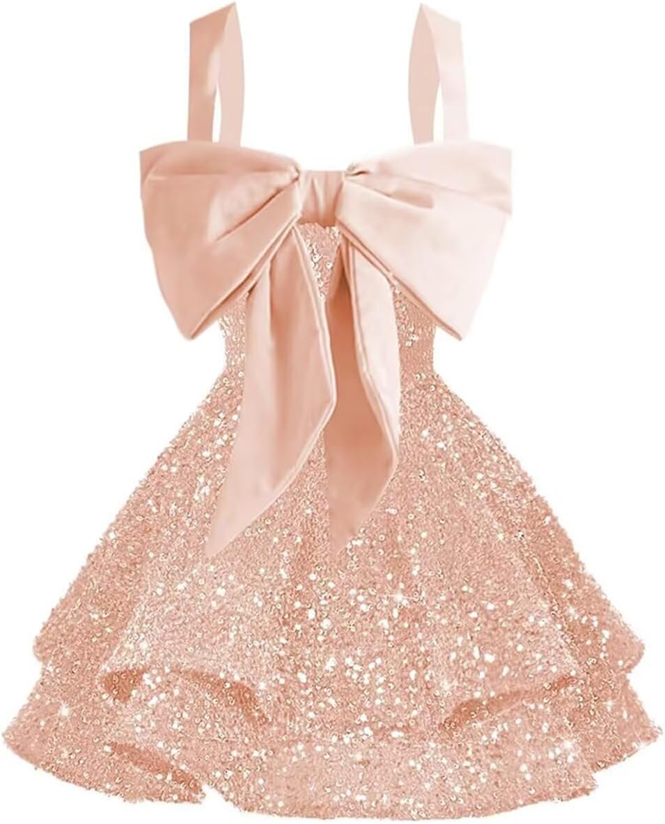 Sparkly Tiered Sequin Flower Girl Dress Spaghetti Straps Short Birthday Pageant Formal Mini Dresses