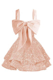 Sparkly Tiered Sequin Flower Girl Dress Spaghetti Straps Short Birthday Pageant Formal Mini Dresses