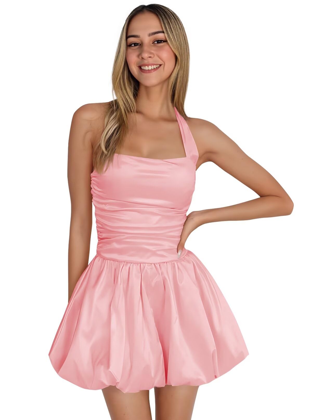Satin Halter Homecoming Dresses for Teens Short Prom Dress 2027 Flower Bud Ruched Formal Cocktail Gown with Pockets