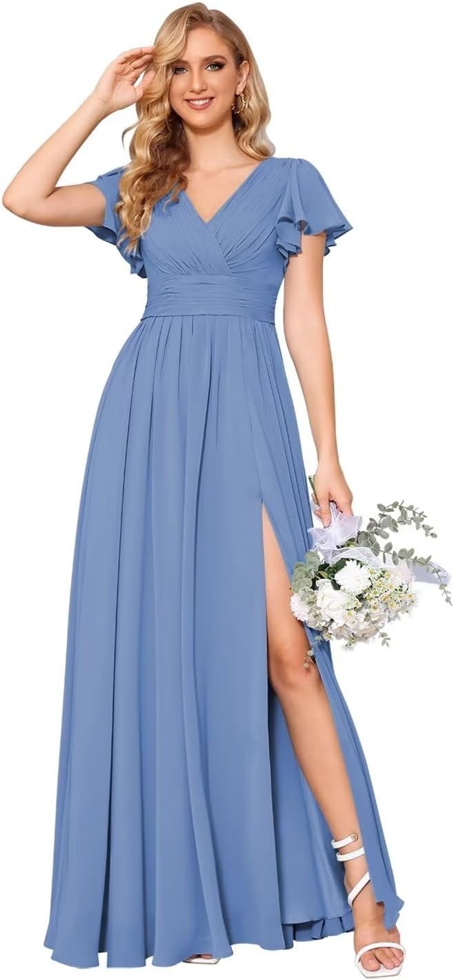 Flutter Sleeves Split Bridesmaid Dresses with Slit Long V Neck Empire Waist Formal Dress for Women Wedding