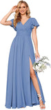 Flutter Sleeves Split Bridesmaid Dresses with Slit Long V Neck Empire Waist Formal Dress for Women Wedding