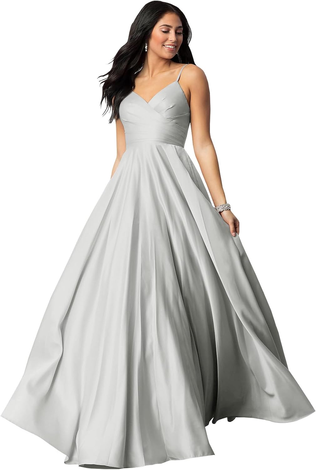 Women's Spaghetti Straps Satin Prom Dresses with Pockets V Neck Pleated Formal Evening Ball Gowns