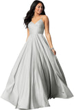 Women's Spaghetti Straps Satin Prom Dresses with Pockets V Neck Pleated Formal Evening Ball Gowns