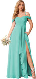 Damen Schulterfreies Brautjungfernkleid Lang mit Schlitz Chiffon Rüschen Falten Formales Partykleid 