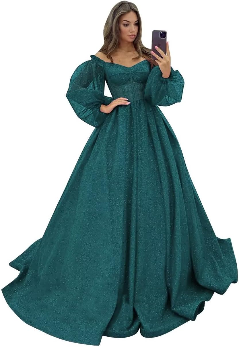 Puffy Sleeve Glitter Prom Dresses Women's Ball Gown Off Shoulder Formal Evening Gown Princess Quinceanera Dress