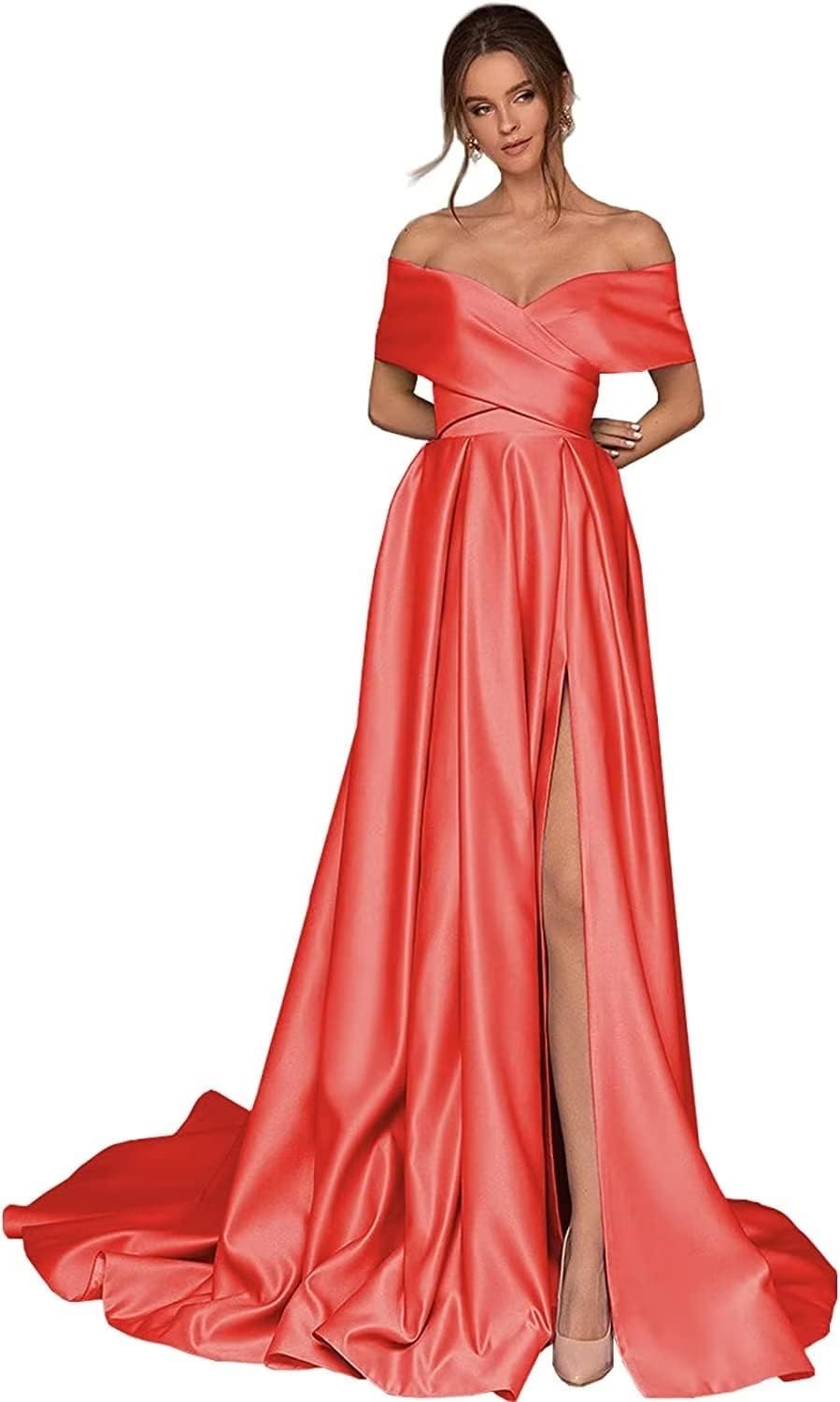 Women's Off Shoulder Long Prom Dresses with Slit 2025 Satin A-Line Sweetheart Corset Formal Evening Dresses with Pockets