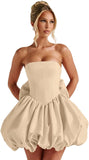 Satin Flower Bud Homecoming Dress Short Prom Dress with Bow Strapless A Line Mini Cocktail Party Gown