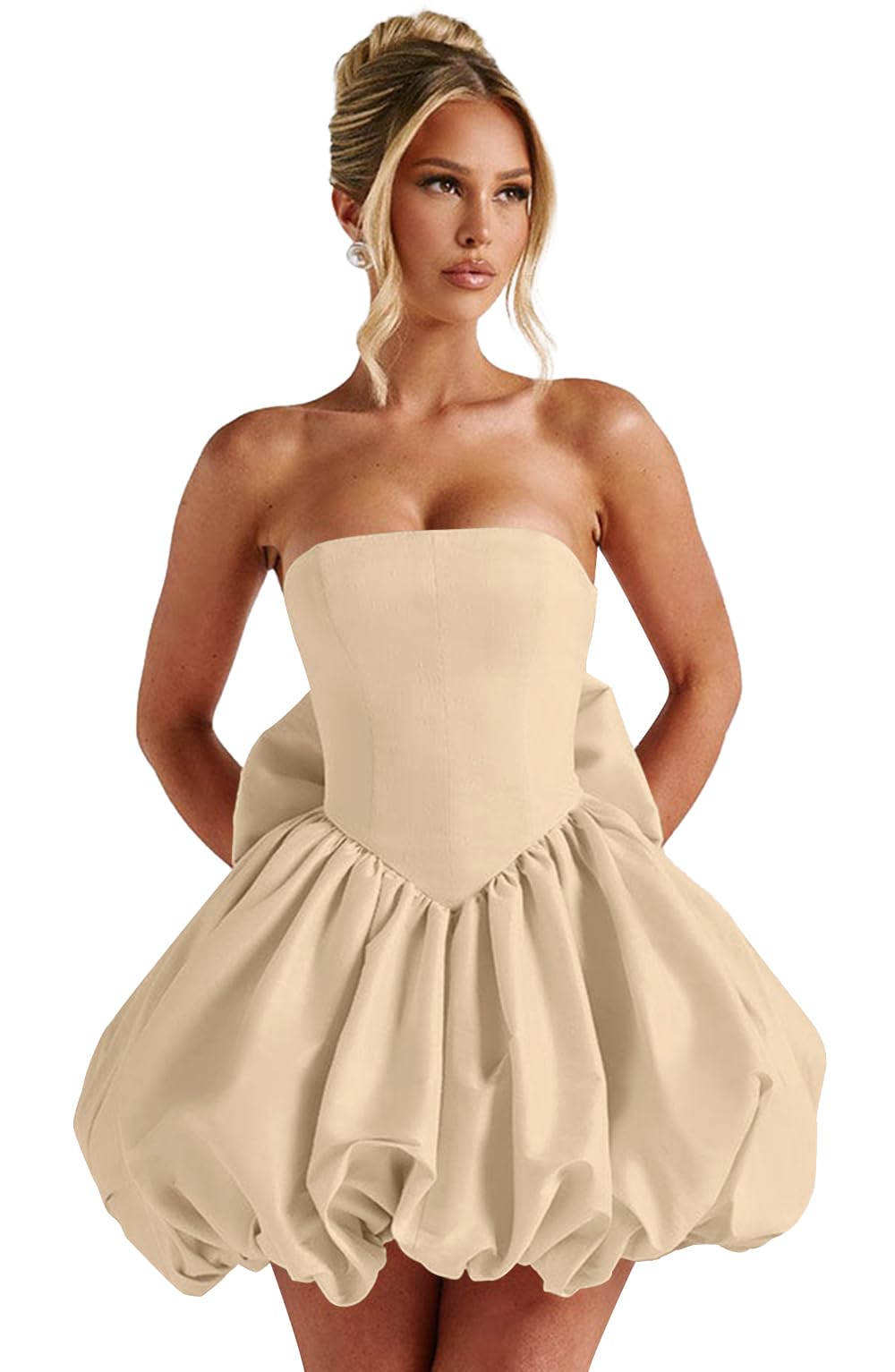 Satin Flower Bud Homecoming Dress Short Prom Dress with Bow Strapless A Line Mini Cocktail Party Gown