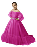 Puffy Sleeves Flower Girl Dress for Wedding Tulle Princess Pageant Dress Kids Prom Ball Gown with Belt