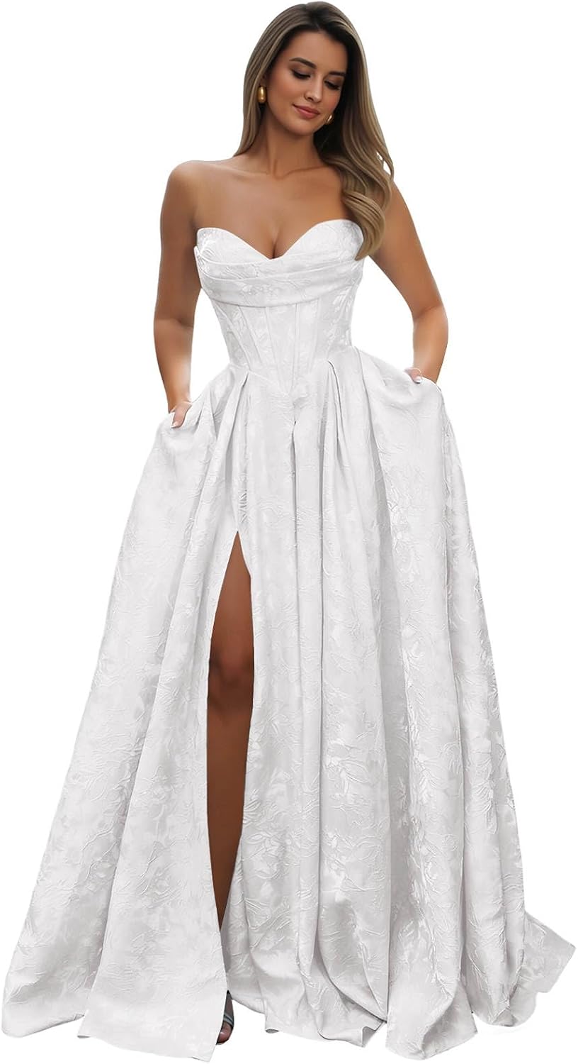 Strapless Prom Dress Jacquard Satin Ball Gown Pleated A Line Long Corset Formal Evening Dresses with Slit Pockets