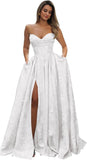 Strapless Prom Dress Jacquard Satin Ball Gown Pleated A Line Long Corset Formal Evening Dresses with Slit Pockets