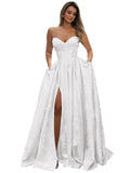 Strapless Prom Dress Jacquard Satin Ball Gown Pleated A Line Long Corset Formal Evening Dresses with Slit Pockets