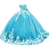 Sparkly Tulle Sweet 15 16 Quinceanera Dress Lace 3D Floral Ball Gown Strapless Puffy Prom Formal Gown