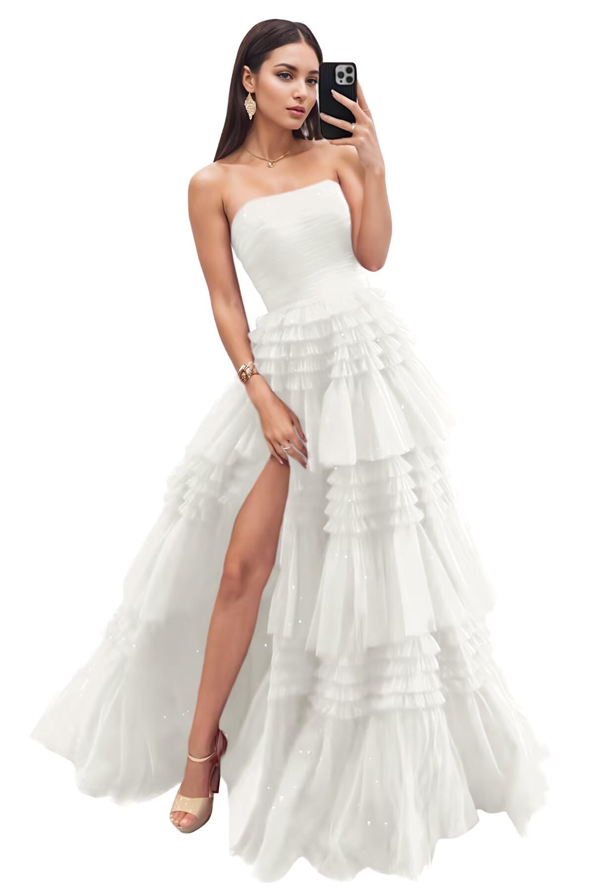 Strapless Tiered Tulle Prom Dresses for Women 2027 Long Sparkly A-Line Formal Evening Party Ball Gowns with Slit