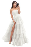 Strapless Tiered Tulle Prom Dresses for Women 2027 Long Sparkly A-Line Formal Evening Party Ball Gowns with Slit