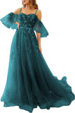 Vestidos de fiesta de tul con hombros descubiertos para adolescentes, vestidos formales con apliques de encaje, vestido de fiesta de noche formal de línea A