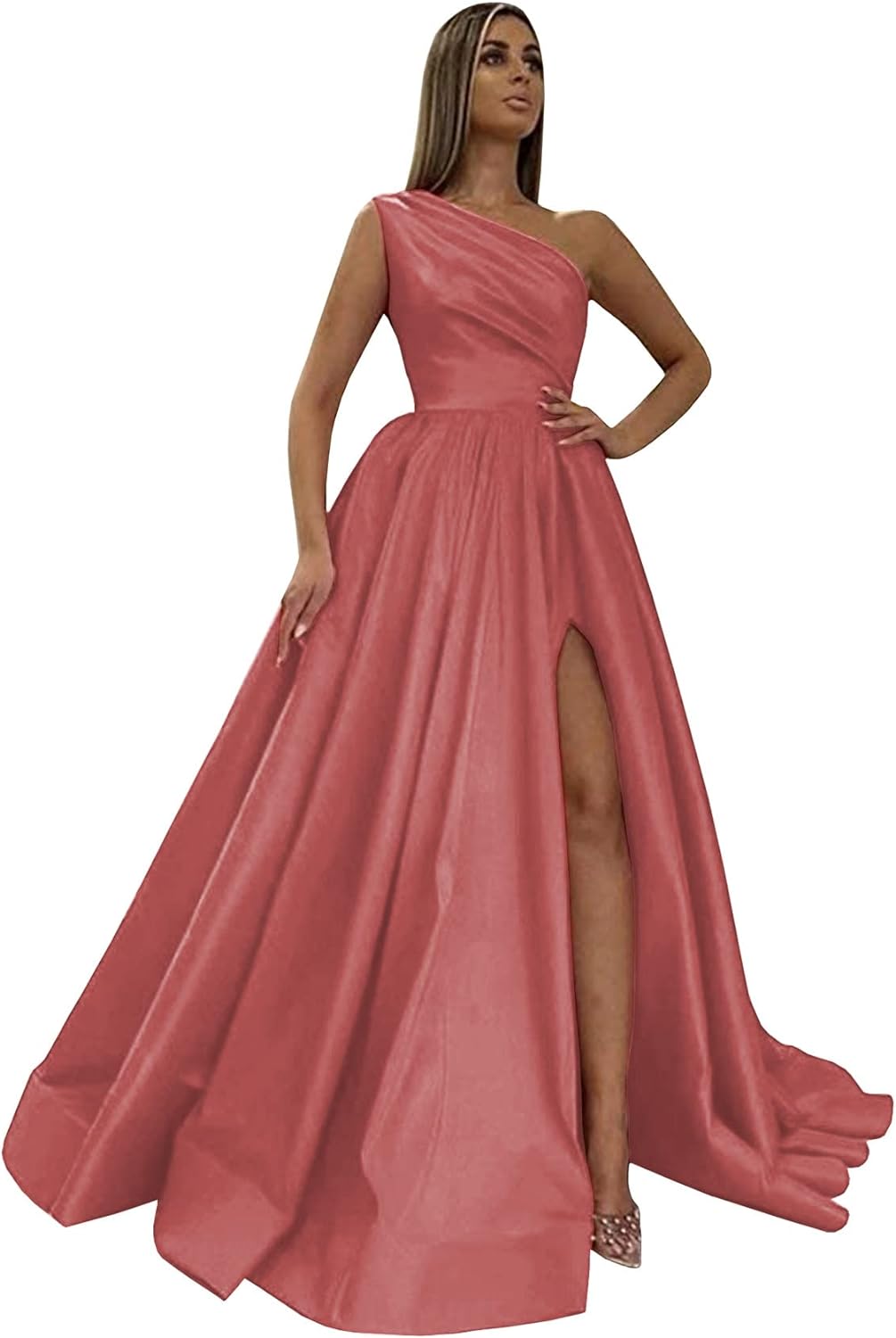 Women's One Shoulder Prom Dresses 2026 Long Slit Satin Formal Evening Gowns with Pockets