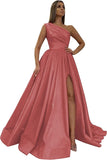 Women's One Shoulder Prom Dresses 2026 Long Slit Satin Formal Evening Gowns with Pockets