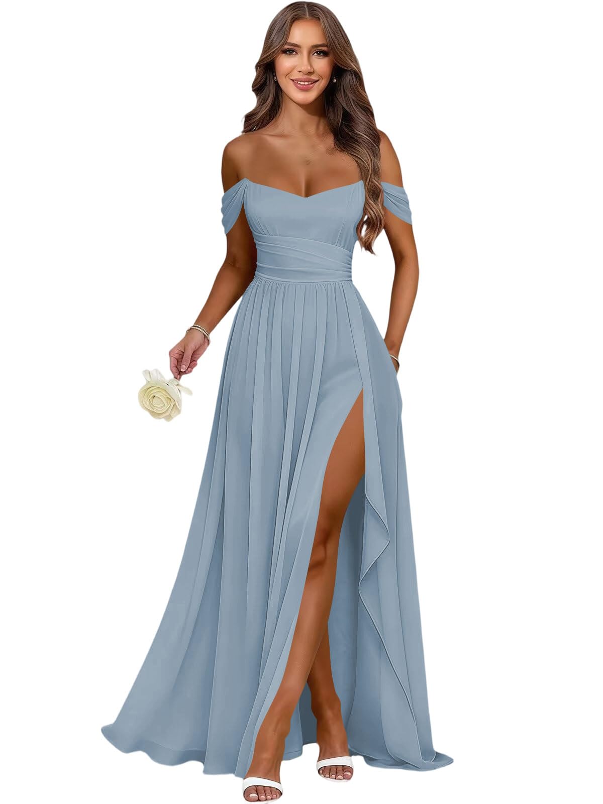 Women's Long Chiffon Bridesmaid Dresses with Slit Off Shoulder A-Line Formal Prom Evening Gown Maxi Wedding Guest Dress