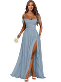Women's Long Chiffon Bridesmaid Dresses with Slit Off Shoulder A-Line Formal Prom Evening Gown Maxi Wedding Guest Dress