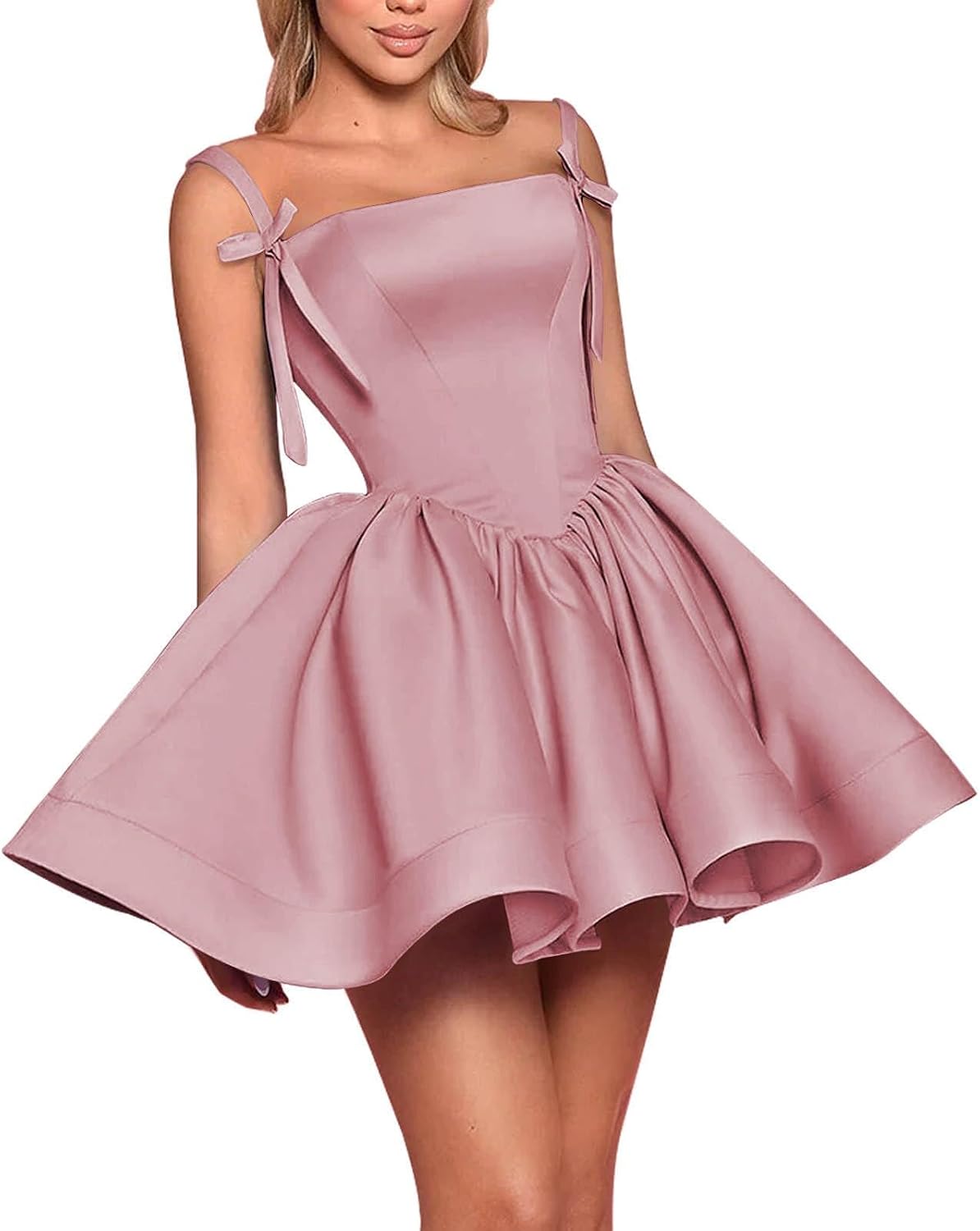 Satin Homecoming Dresses for Teens 2027 Spaghetti Straps Square Neck A-line Short Prom Dresses with Pockets