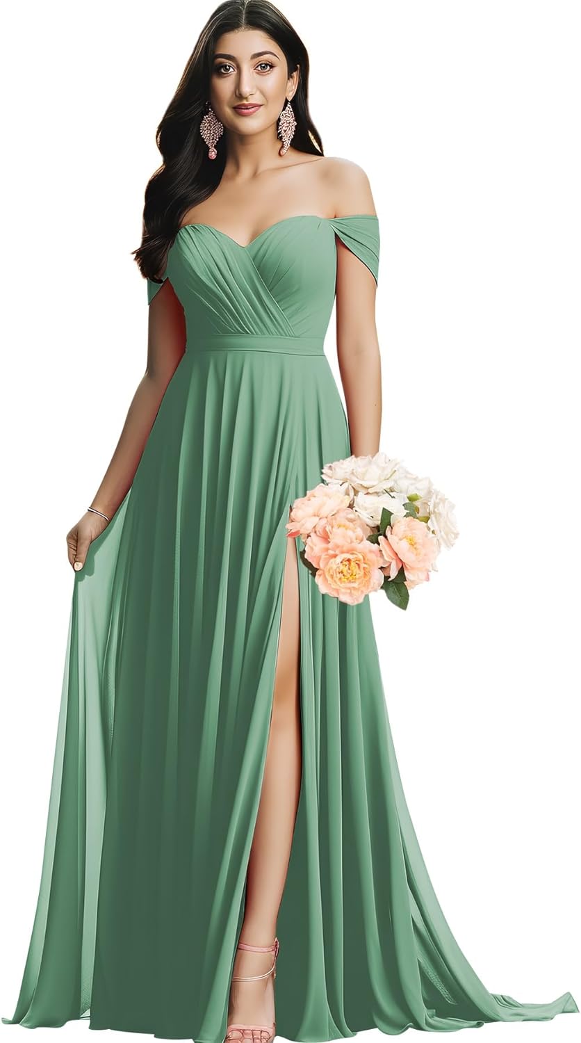 Schulterfreies Brautjungfernkleid für die Hochzeit, gerüschtes Chiffon-Split-Abendkleid mit Taschen 