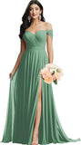 Schulterfreies Brautjungfernkleid für die Hochzeit, gerüschtes Chiffon-Split-Abendkleid mit Taschen 