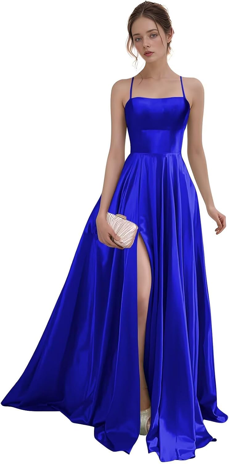 Women's Satin Prom Dresses with Slit Strapless A Line Corset Ball Gowns Spaghetti Straps Formal Evening Gowns with Pockets