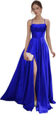 Women's Satin Prom Dresses with Slit Strapless A Line Corset Ball Gowns Spaghetti Straps Formal Evening Gowns with Pockets