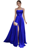 Women's Satin Prom Dresses with Slit Strapless A Line Corset Ball Gowns Spaghetti Straps Formal Evening Gowns with Pockets