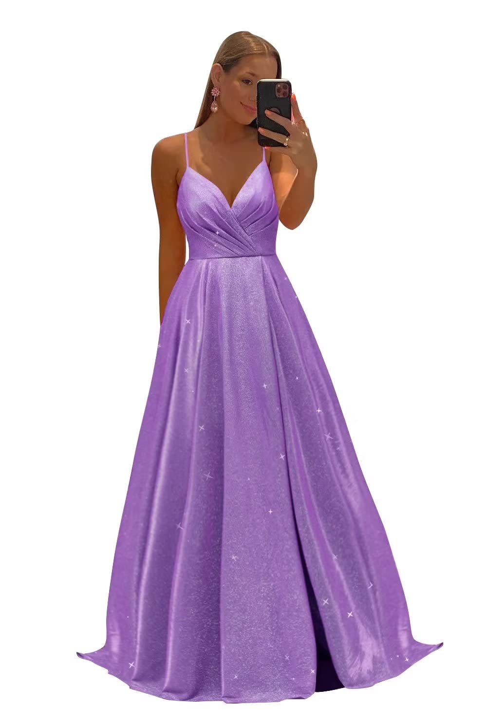 Women's Spaghetti Straps Prom Dresses Long V-Neck Sparkling Bridesmaid Dresses Formal Evening Gowns with High Slit