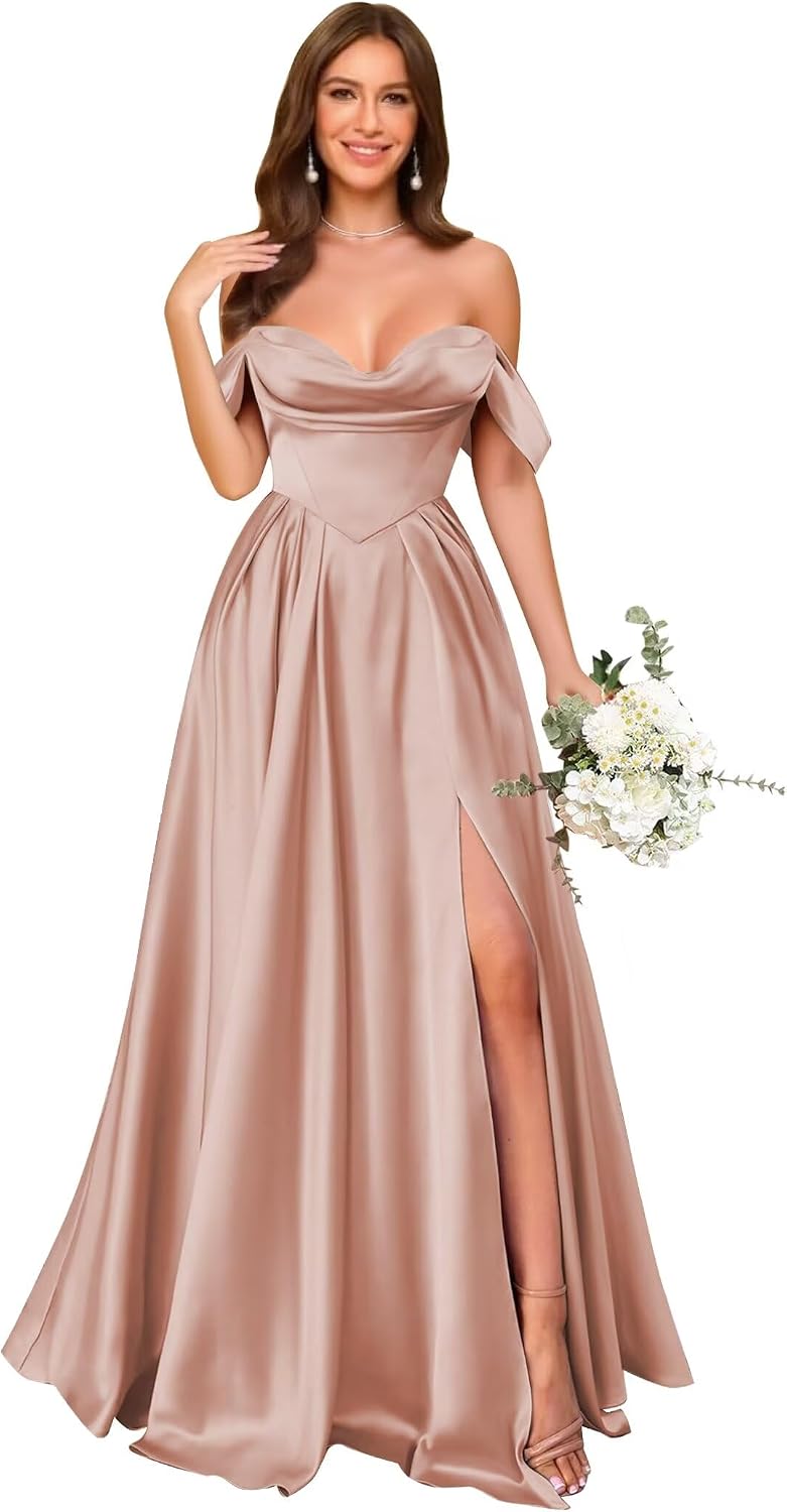 Off Shoulder Satin Bridesmaid Dresses Long Pleated Formal Dresses A Line Evening Gowns with Slit