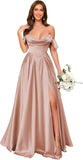 Off Shoulder Satin Bridesmaid Dresses Long Pleated Formal Dresses A Line Evening Gowns with Slit