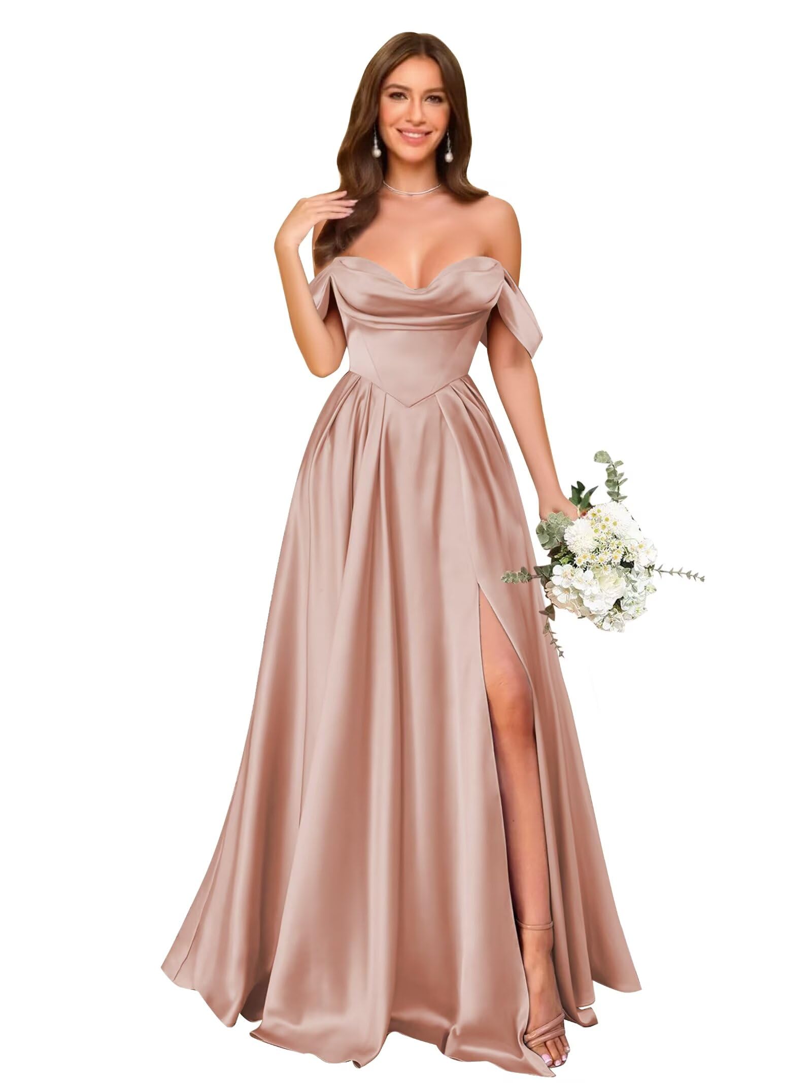 Off Shoulder Satin Bridesmaid Dresses Long Pleated Formal Dresses A Line Evening Gowns with Slit