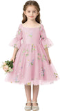 Floral Embroidery Flower Girl Dress Puff Sleeve Birthday Party Gown Girls Tulle A-Line Short Wedding Guests Dresses