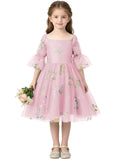 Floral Embroidery Flower Girl Dress Puff Sleeve Birthday Party Gown Girls Tulle A-Line Short Wedding Guests Dresses